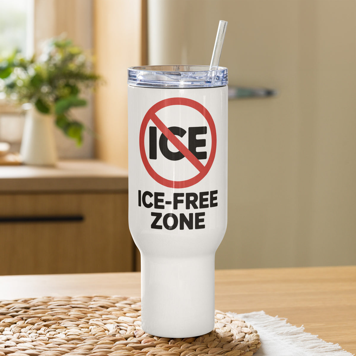 ICE FREE ZONE Travel mug with a handle political activism mug Democracy First