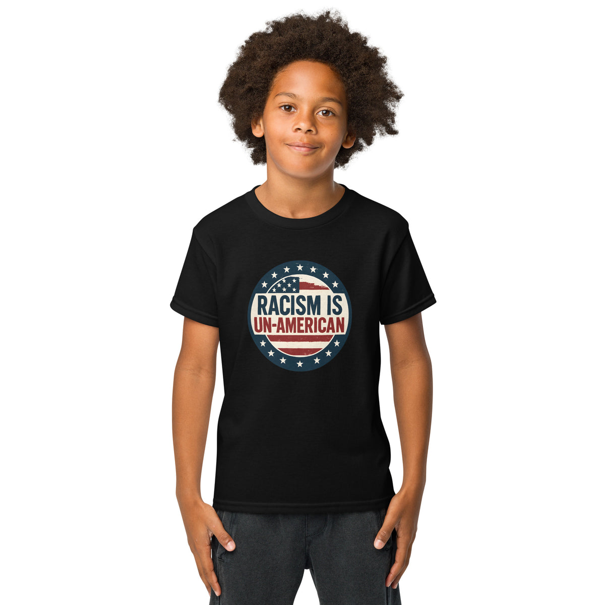 Racism is Un American Youth t shirt Democracy First political apparel