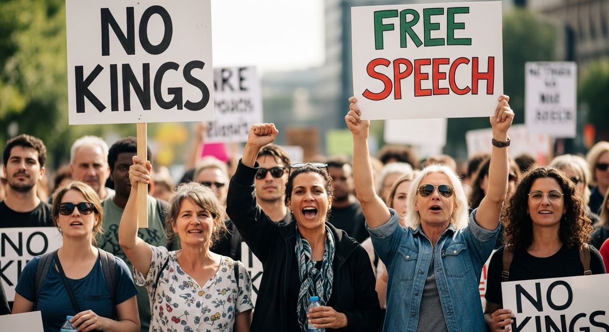 No Kings - Democracy First political activism rally with protesters holding signs for free speech and democracy