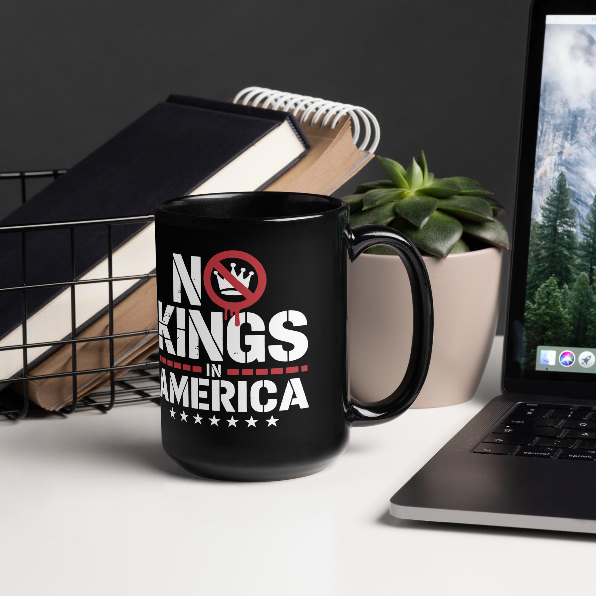 No Kings In America Black Glossy Mug political activism mug Democracy First Main image