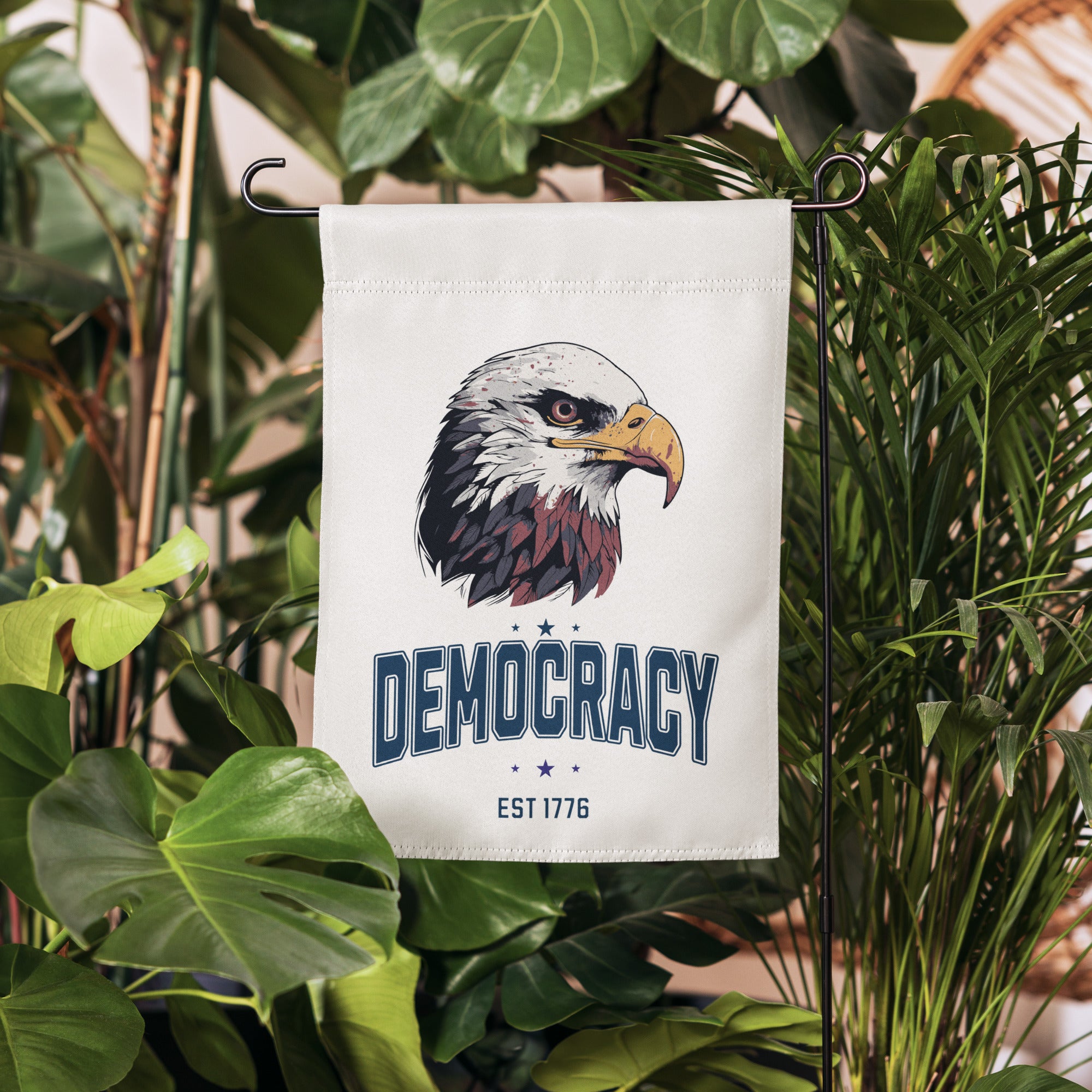 Democracy Est 1776 garden flag with American eagle design - patriotic outdoor decor