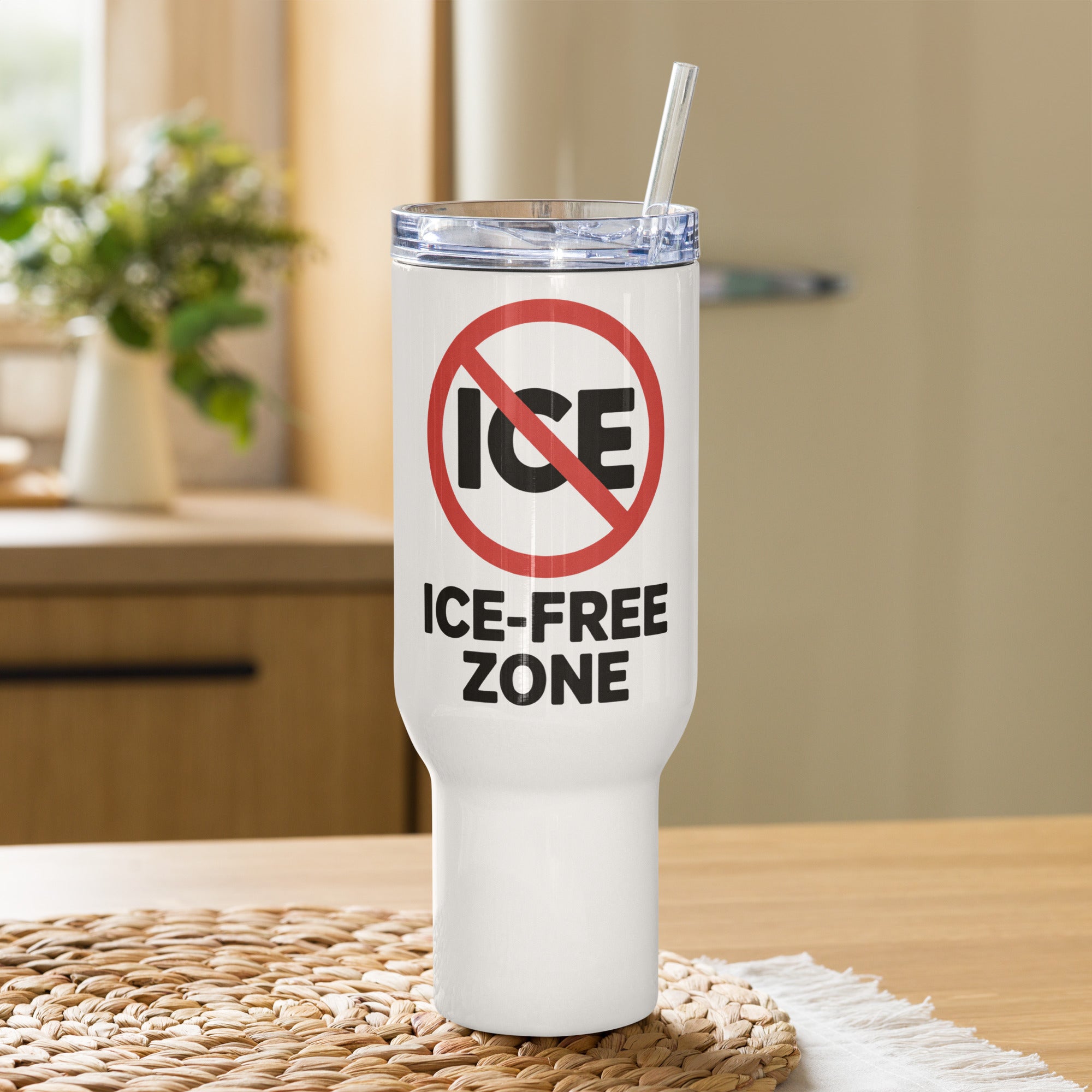 ICE FREE ZONE Travel mug with a handle political activism mug Democracy First Main image