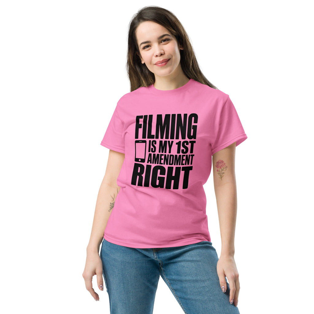 Woman wearing pink Filming Is My 1st Amendment Right political t-shirt - Democracy First