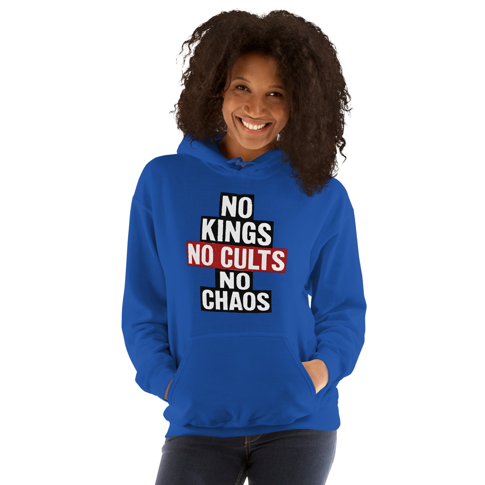 No Kings, No Cults, No Chaos Unisex Hoodie political activism hoodie Democracy First Main image