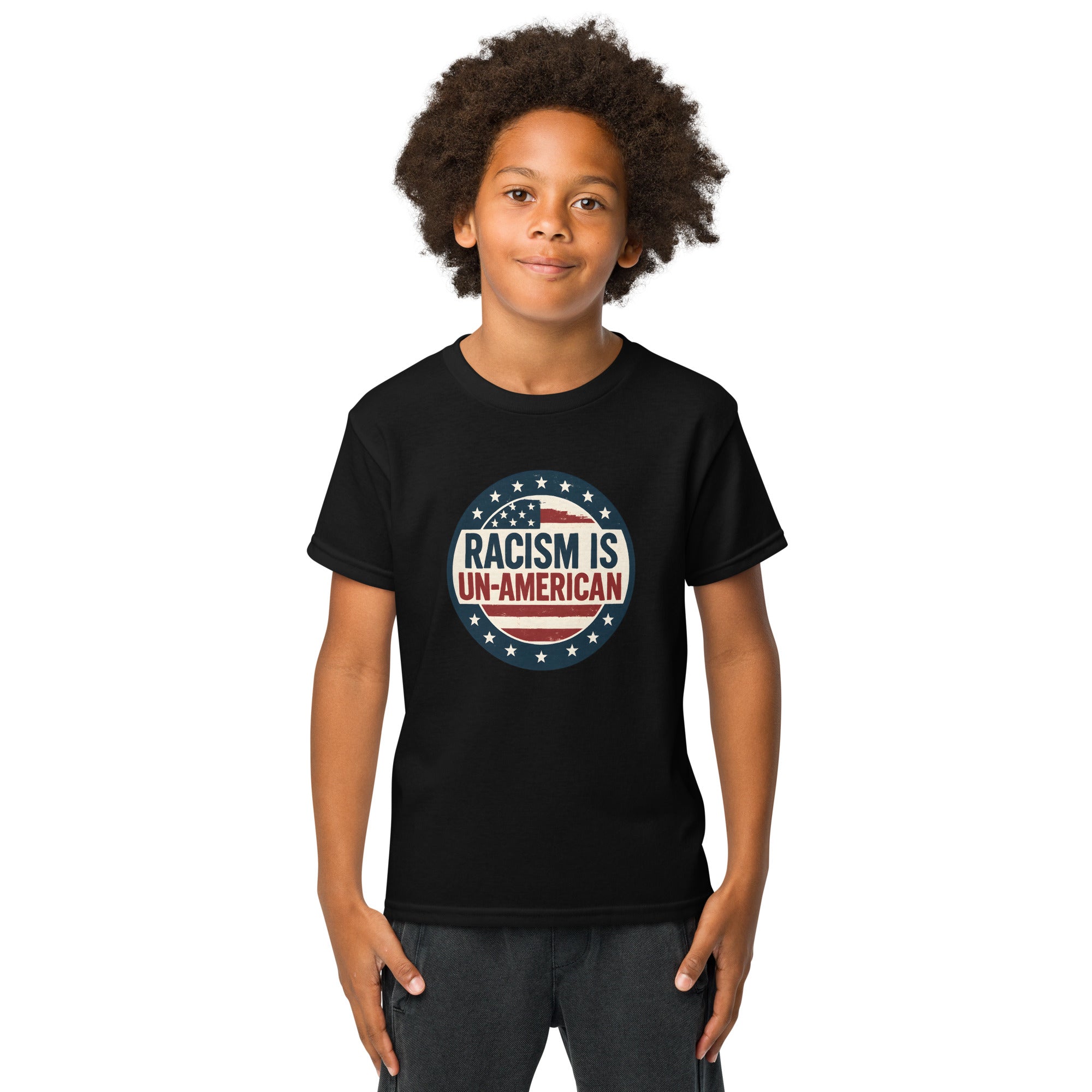 Racism is Un American Youth t shirt Democracy First political apparel Main image